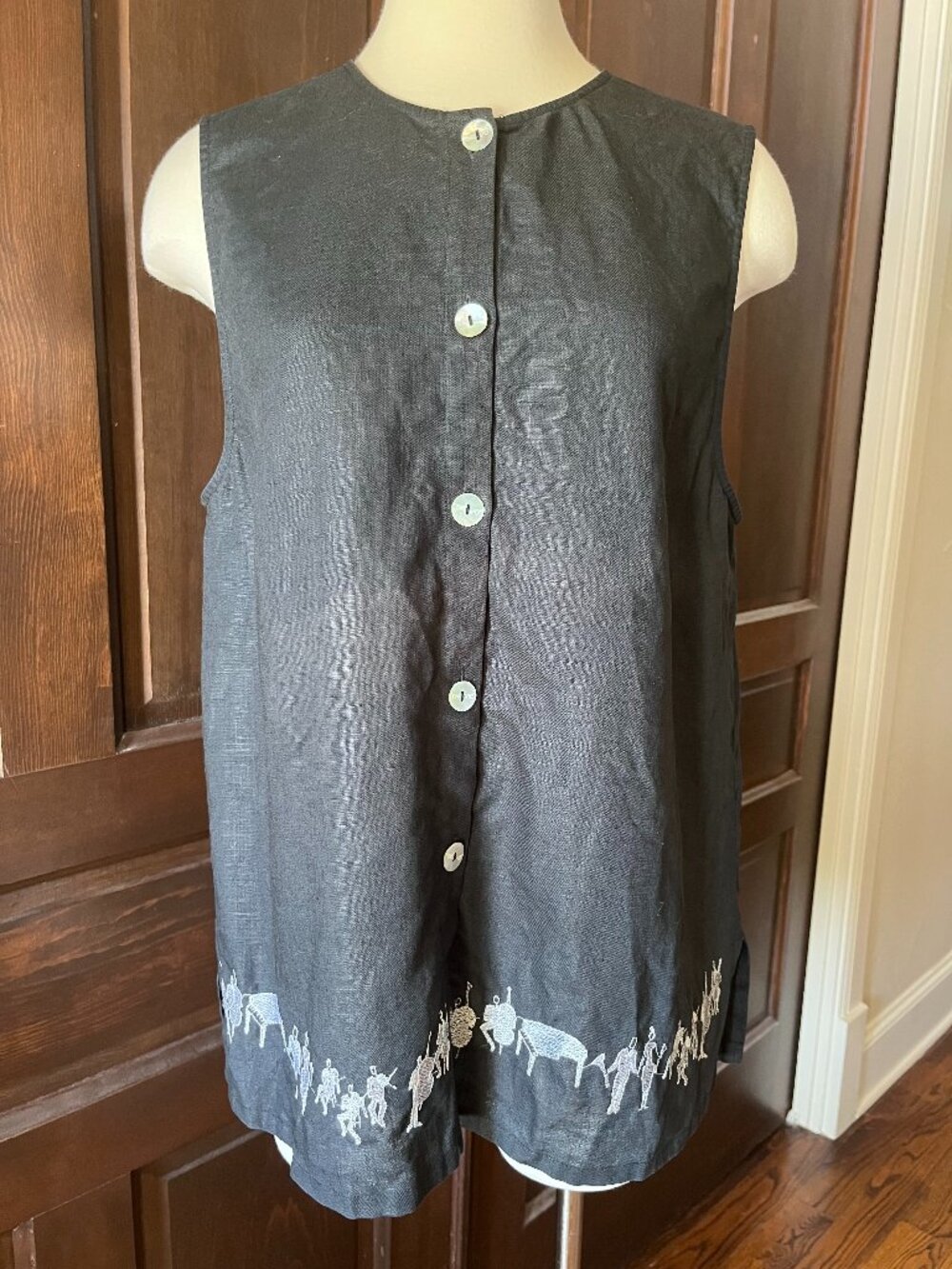 David Dart Vintage Linen Tunic Top Sleeveless Embroidered Musicians Black Size M